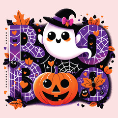Fototapeta premium Cute Halloween Ghost with Witch Hat and BOO Text Illustration