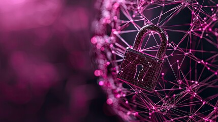 A stylized padlock is showcased against a network of interconnected lines, symbolizing digital security and connectivity in a vibrant pink hue.