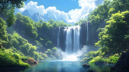 Tranquil Waterfall in Lush Jungle