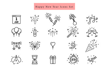 happy new year line art design icons set