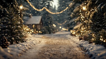 Fototapeta premium A snowy path lined with twinkling lights and trees leads to a cozy cabin, creating a serene winter wonderland scene.