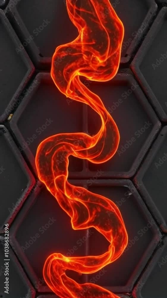 Poster vertical abstract animation with a red molten flowing pattern over a hexagonal grid.