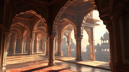 Wind sweeps through the grand arches of an ancient Indian palace, highlighting the elegance and historical significance of its architectural marvels