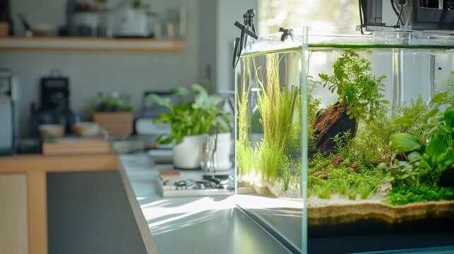 A vibrant aquascaping station in a bright room, Aquatic plants and tools meticulously organized, Modern minimalist style