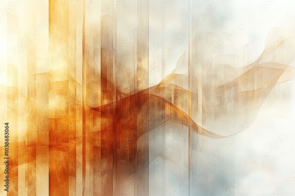 Poster abstract orange and gray wave patterns with vertical lines creating a tranquil atmosphere