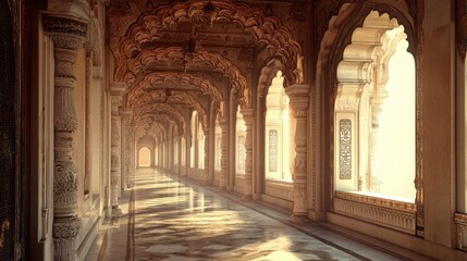 Fototapeta premium Wind-swept halls of a stunning ancient Indian palace, where grandeur meets serenity, displaying intricate artistry and timeless history
