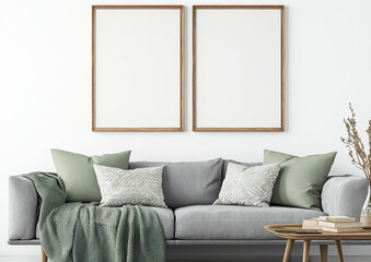 modern living room featuring stylish gray sofa adorned with green cushions and cozy throw. minimalist decor includes two empty frames on wall, enhancing serene atmosphere