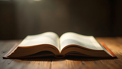 Open book resting on a rustic wooden table, illuminated by soft light, inviting readers to explore its pages and discover the treasures of knowledge and imagination within its timeless narrative