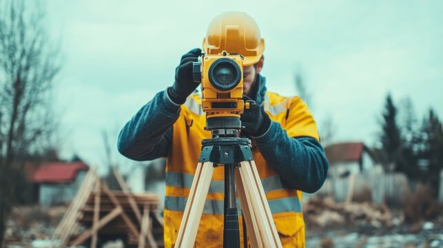 A surveyor using a theodolite to measure land for a new construction project, Land surveying scene, Geospatial accuracy style