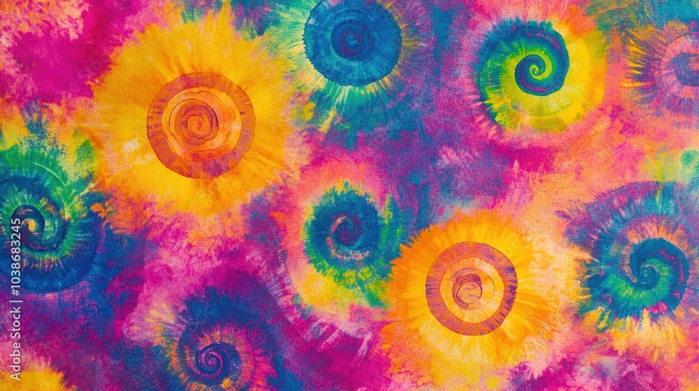 Poster bright tie-dye swirls in vibrant colors, creating a dynamic and playful pattern on a colorful backgr