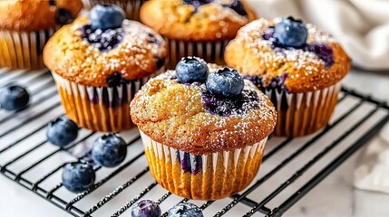 Delicious blueberry muffins dusted with powdered sugar, fresh from the oven and perfectly presented on a wire rack.