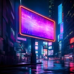Obraz premium Futuristic Digital Billboard with Holographic Display and Vibrant Neon Lights in Glowing Cityscape Backdrop