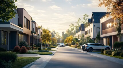 Modern suburban street with electric cars and greenery