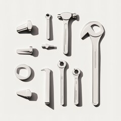 A collection of white tools arranged aesthetically for design or illustration purposes.