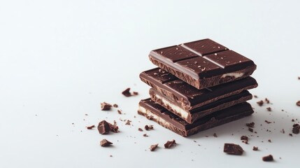 Broken chocolate wafer block, highlighting the crispy wafer layers and rich chocolate filling, on a white background.