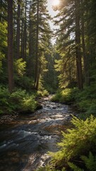 Fototapeta premium Serene mountain stream flowing through a lush forest, sunlight filtering through trees