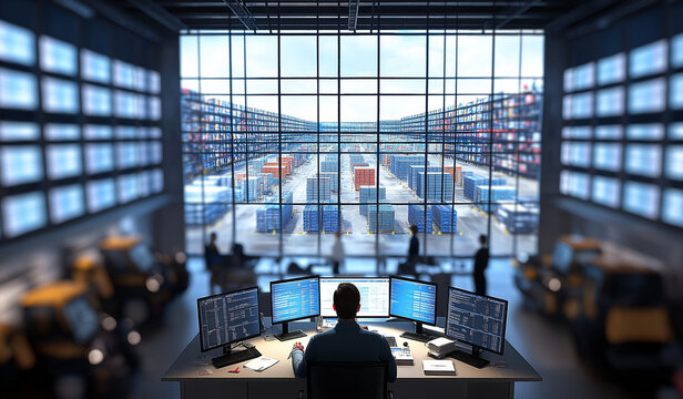 AI generator image of modern management office overseeing a distribution center. The room is filled with professionals in business attire analyzing logistics data on large digital screens. In the back