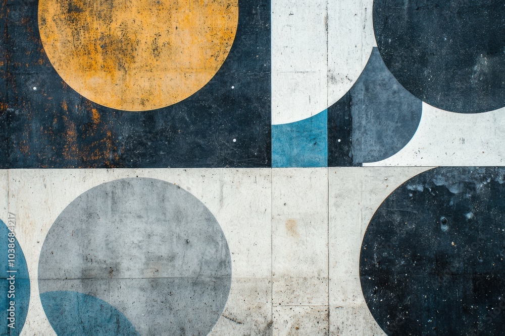Poster scattered large and small circles create an abstract pattern along a diagonal line grid on a texture