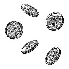 Coins with Dollar Symbols Falling Down in Black and White Outline Line Art Drawing