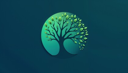 Stylized tree logo with green leaves, modern design on a dark blue background