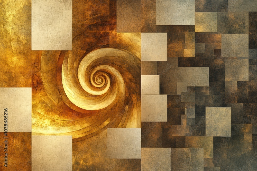 Poster this artwork displays a delicate golden spiral weaving through a tapestry of squares and rectangles,