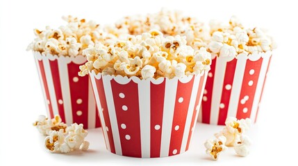 Classic movie theater-style popcorn tubs filled with freshly popped kernels, isolated on a clean white background.
