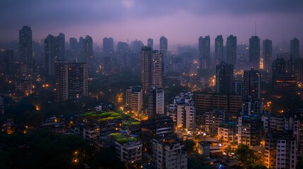 Obraz premium City skyline with high-rise buildings in evening fog