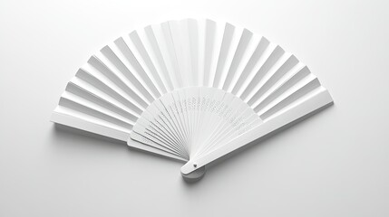 Clean and simple mockup of a white folding hand fan, fully opened and laid flat against a white background.