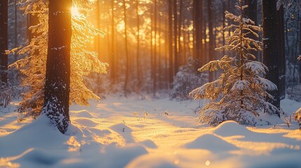 Winter sunrise illuminating a snowy forest landscape with tall evergreen trees in a tranquil setting