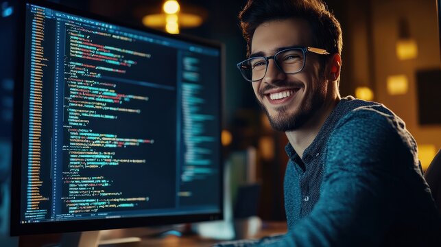 beautiful man with eyeglasses is smiling and laughing while writing program code on a computer in an office, looking focused at the screen.