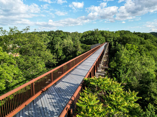 rosendale trestle aerial view (rail bridge converted to rail trail biking walking path in hudson valley) wallkill river rondout creek drone view travel spring beauty