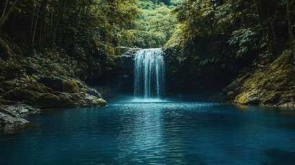 Obraz premium A serene tropical waterfall cascading into a crystal-clear turquoise pool surrounded by lush greenery