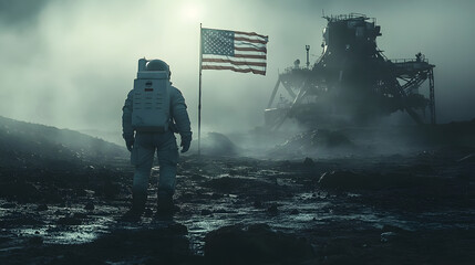 Fototapeta premium The American Flag on the Moon: An AstronautÆs Journey Toward a New Frontier