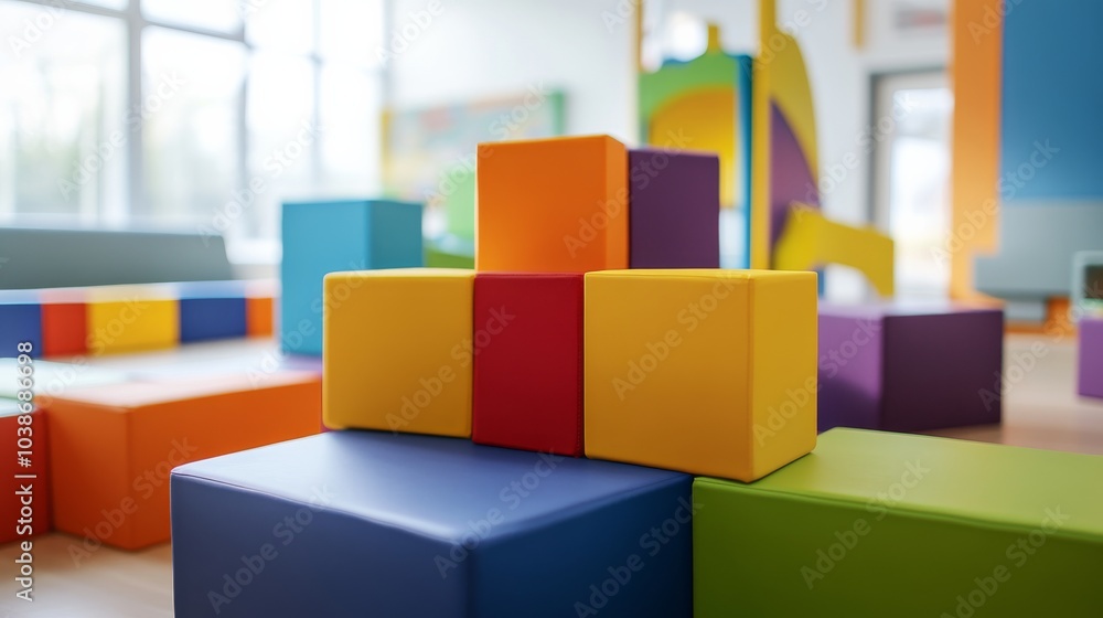 Poster a vibrant block-building play area in a bright room, colorful blocks creatively arranged, contempora