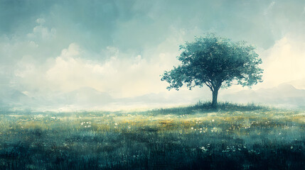 Obraz premium Serene 4k Graphic Mural for Your Living Room Main Wall, Featuring Minimalist Landscapes and Soft Colors