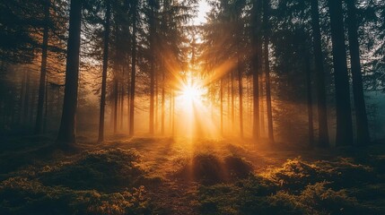 Obraz premium Sunrise casts golden rays through tall trees in a peaceful forest during early morning hours