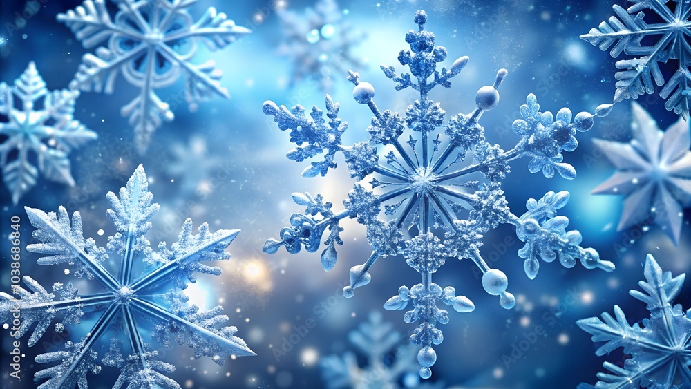 Wall mural macro shot of two frosty snowflakes on a blue background.