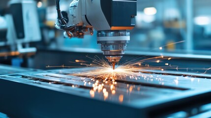 Steel infrastructure being manufactured in a modern industrial setting, with machinery at work.