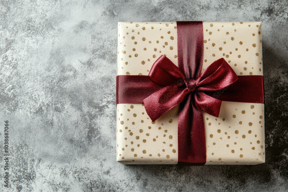 Poster a beautifully wrapped gift box adorned with a maroon ribbon and dotted paper, resting on a gray text