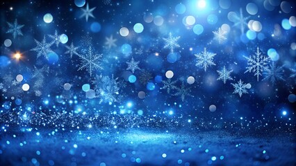 Obraz premium Blue glowing snowflakes and bokeh lights on winter night background.