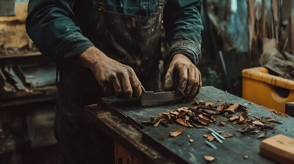 Craftsman sharpening tools in a workshop filled with dusty woodworking instruments during the late afternoon