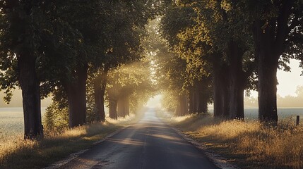 Obraz premium Sunlit country road lined with trees at dawn, creating a serene atmosphere in the countryside