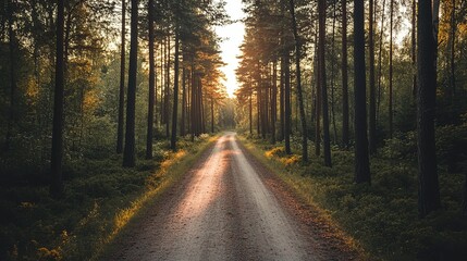 Naklejka premium Sunlit country road lined with trees at dawn, creating a serene atmosphere in the countryside