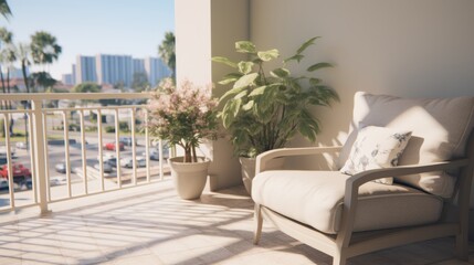 Obraz premium Serene minimalist veranda with neutral furniture for a tranquil outdoor experience