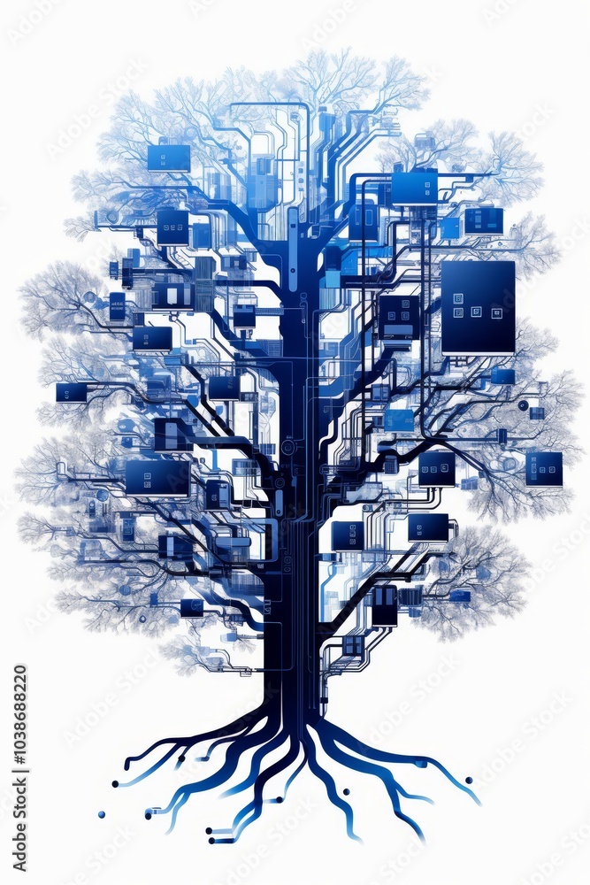 Poster minimalist schematic tree design using basic shapes in navy and silver colors for business visuals