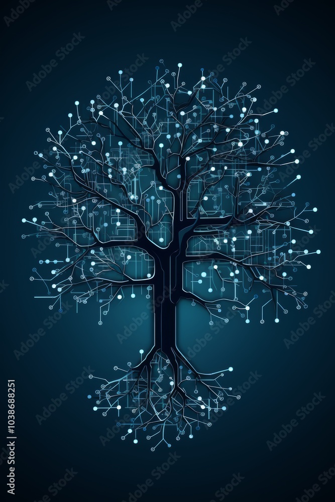 Poster minimalist schematic tree design created with simple shapes in navy and silver colors