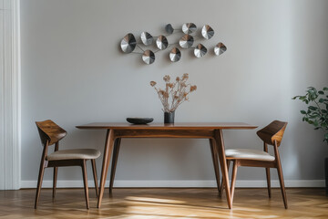 stylish dining area featuring wooden table and two elegant chairs, complemented by decorative wall art piece and vase with dried flowers. warm tones create cozy atmosphere
