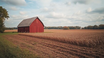 Obraz premium A red barn stands isolated in a vast cornfield under a clear blue sky during early morning light in rural America