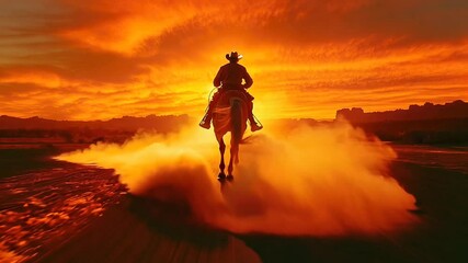 Silhouette of cowboy riding a horse into the fiery sunset with glowing dust clouds. Adventure concept