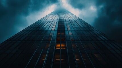 Fototapeta premium Looking up at a modern skyscraper reflecting clouds and sunlight in an urban setting during the golden hour